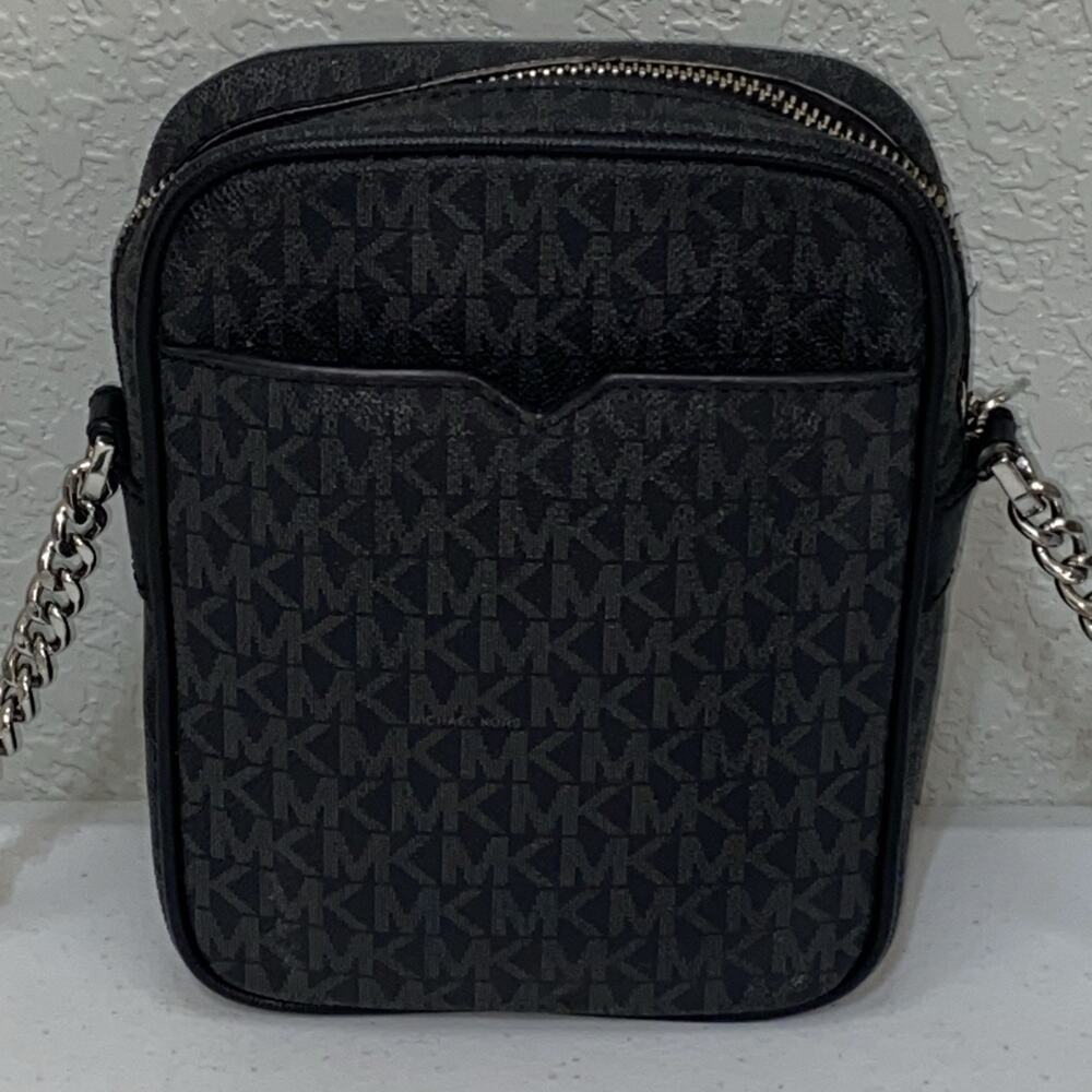 Michael Kors Crossbody Black Gray Purse Logo Bag Satchel Small Silver Accents - Picture 2 of 12